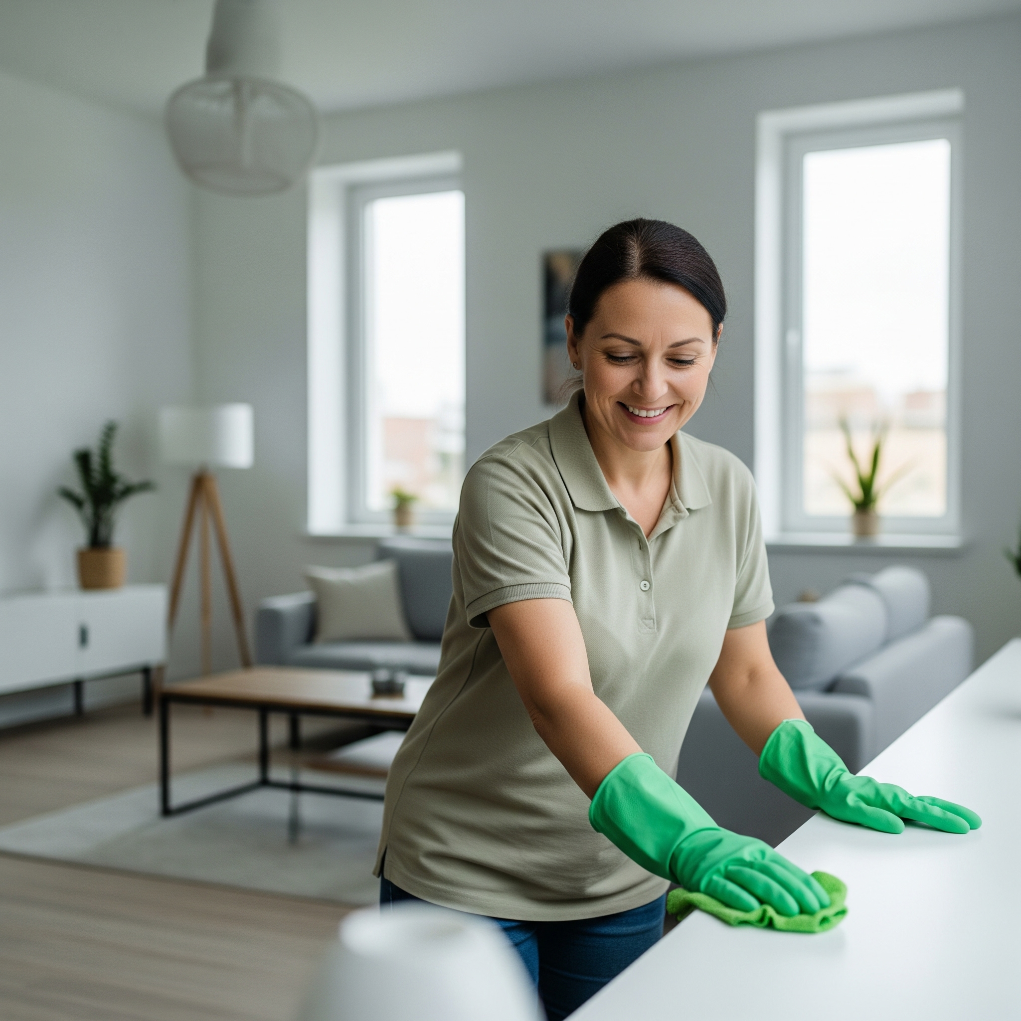 Professional cleaner cleaning beautiful modern home